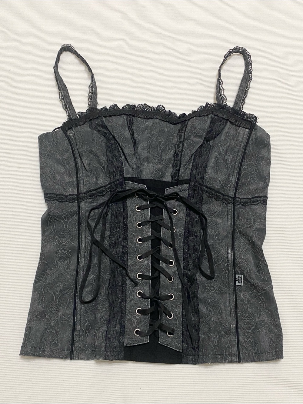 Vintage Y2K Tripp NYC Black Gray Lace Corset Goth Alternative Alt